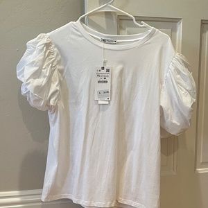 Zara white t shirt puff sleeve